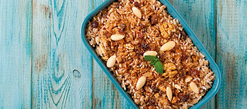 ARROZ SAN PEDRO CON SEMILLAS DE ALMENDRAS, AJONJOLÍ Y PASAS RUBIAS